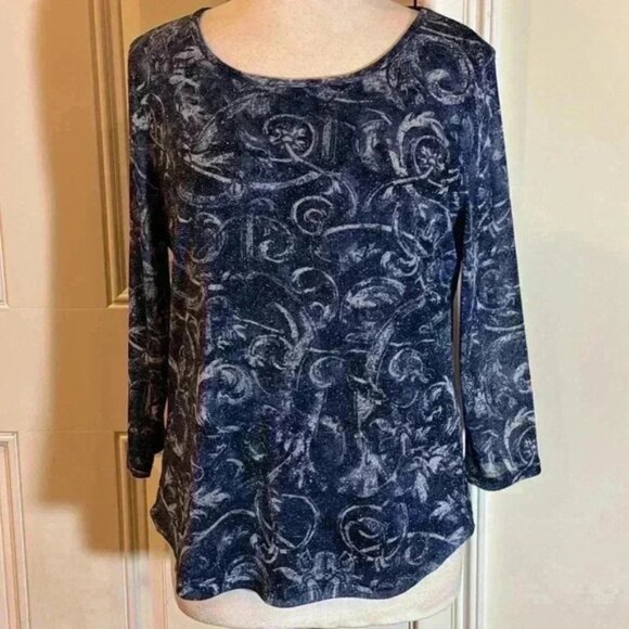 Chicos 3/4 sleeve blue metallic  floral print pullover blouse size 1 (M) - Picture 1 of 8